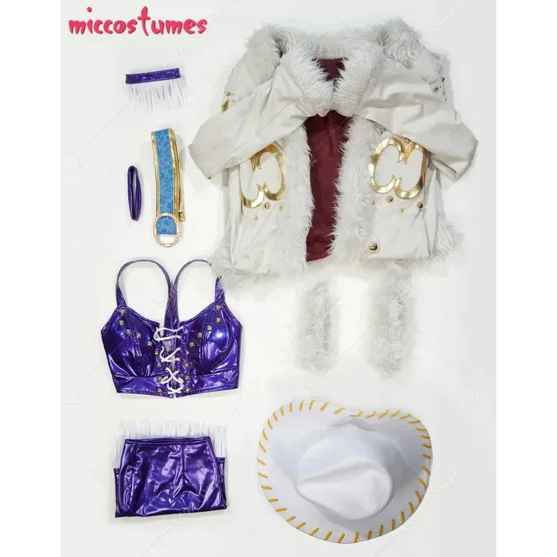 

Новые женские костюмы Miccostumes в стиле аниме Робин, бюстгальтер и мини-юбка с длинным пальто и шляпой BBFG3SDFCC2025