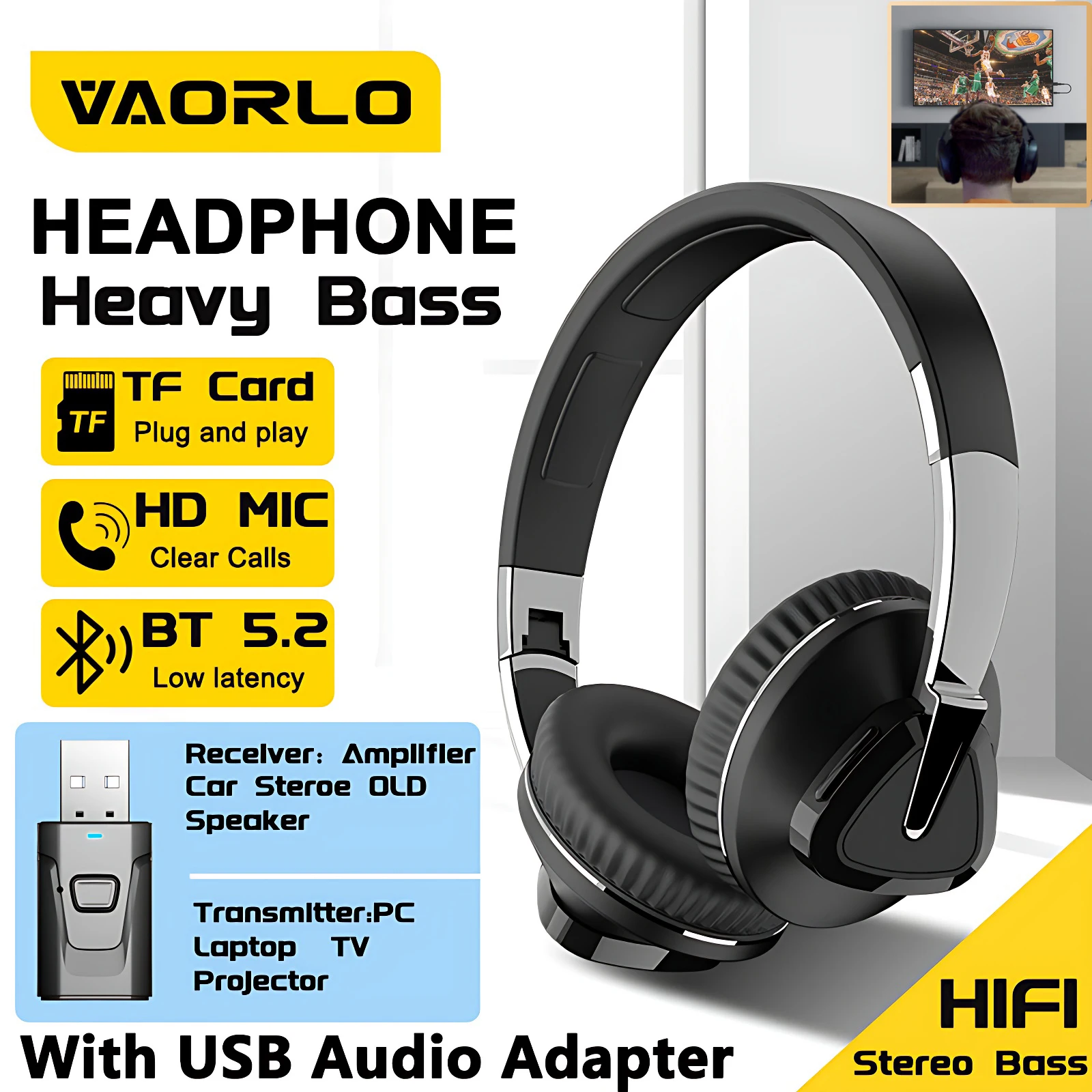 

Наушники H3 Bluetooth 5.2 Hi-Fi Bass Беспроводные/проводные наушники с USB-адаптером (RX и TX) Игровая гарнитура с микрофоном для телефона ПК ТВ