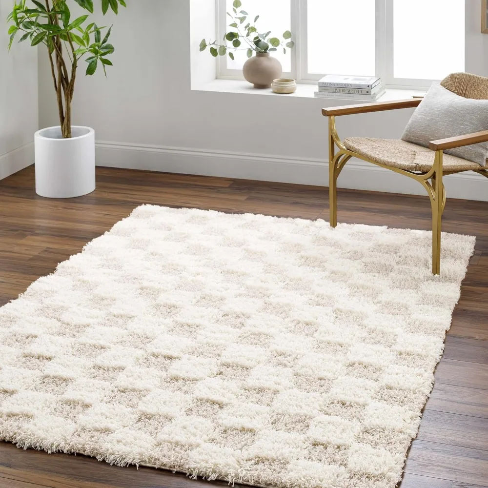 

Fluffy Shag Area Rug Modern Geometric Carpet Tiles for Living Room, Kids Room, Nursery Plush Pile Beige,Cream, White 7'10"x10'3"