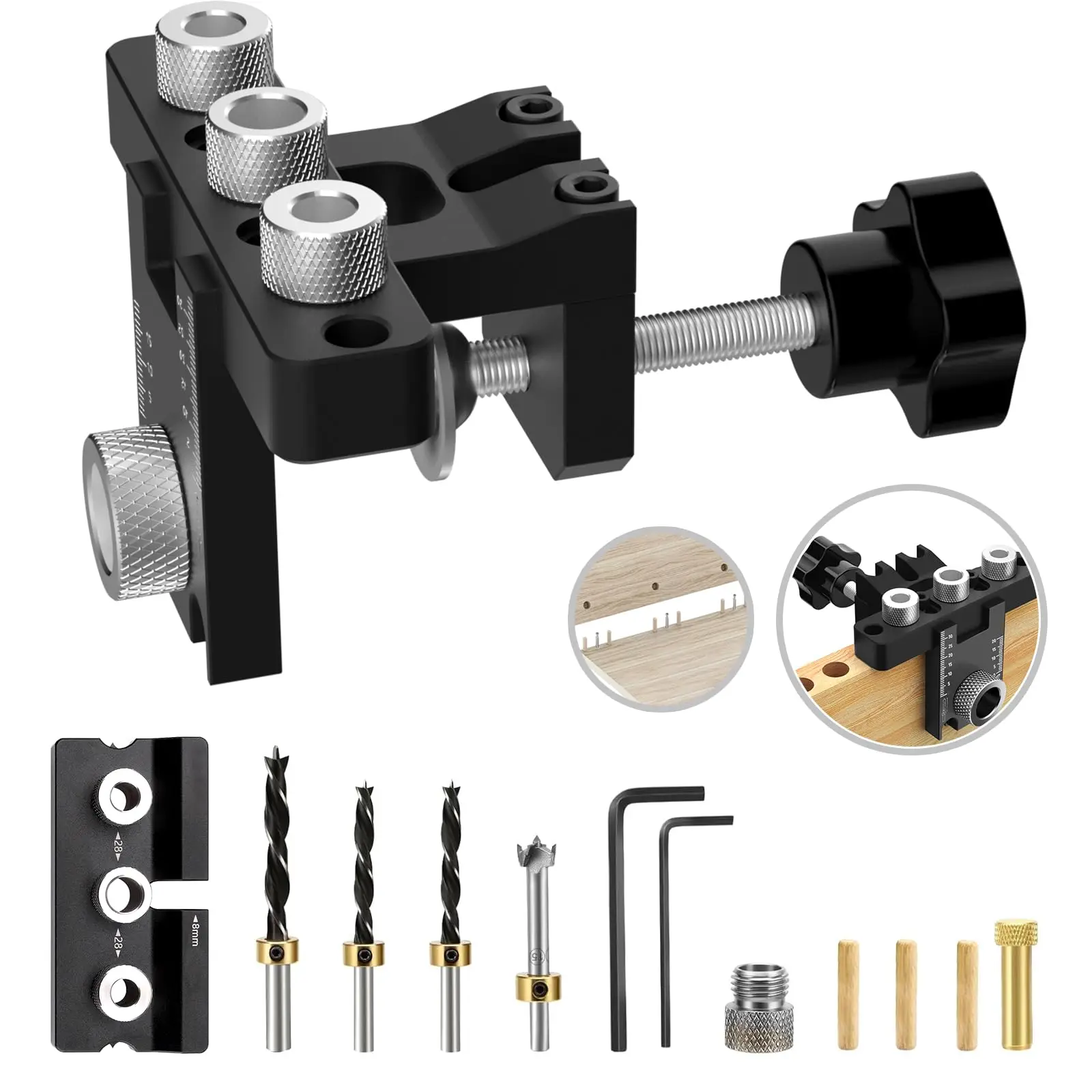 Stiftklemmen-Set, 3-in-1-Bohrführungsklemme, Präzisions-Bohrpositionierer, mit 8mm, 10mm und 15mm Bohrer-Taschenlochklemme für die Holzbearbeitung.