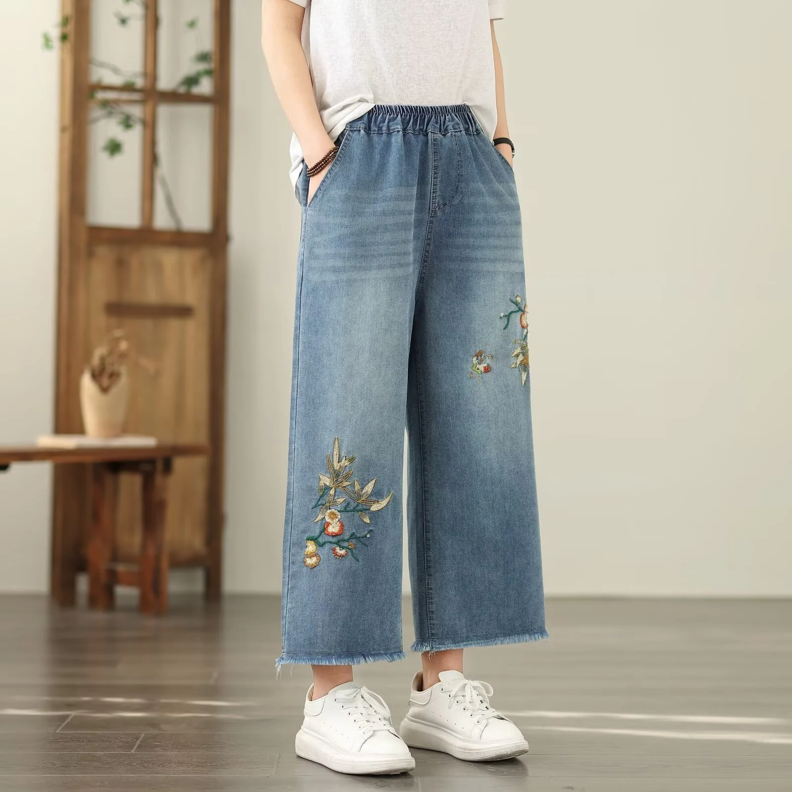 2025 японские модные джинсы с эластичной резинкой на талии и цветочной вышивкой для женщин, укороченные брюки, осенне-летние винтажные джинсовые брюки