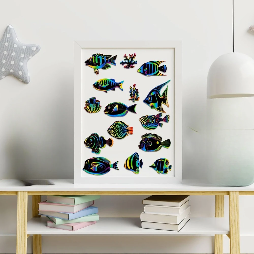 열대어 스크래치 카드 60장, 해양 스크래치 수공예품, 어린이는 바다 아래에 나무 펜을 사용합니다.