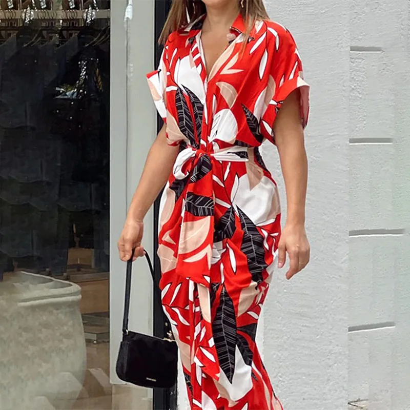 Spring Summer 2025 Women Long Dress Bohemia Shirt Print Dresses Women Turn-down CollarTie the bow Party Oversized Office dress