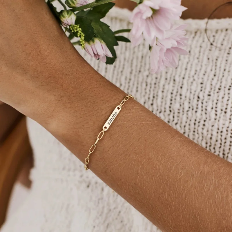 Custom Name Bar Bracelet for Women, Stainless Steel Paperclip Chain Personalized Engraved ID Bracelet Dainty Minimalist Jewelry