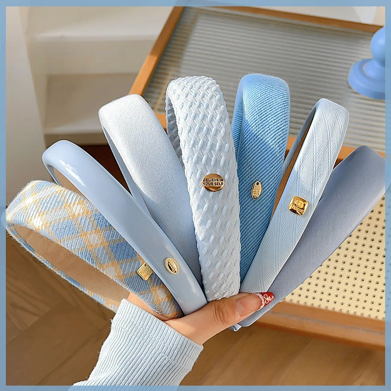 

Золотая этикетка, синяя повязка для волос с широкими полями, 2022, новая повязка на голову из губки в корейском стиле для женщин, элегантный модный обруч для мытья лица для девочек