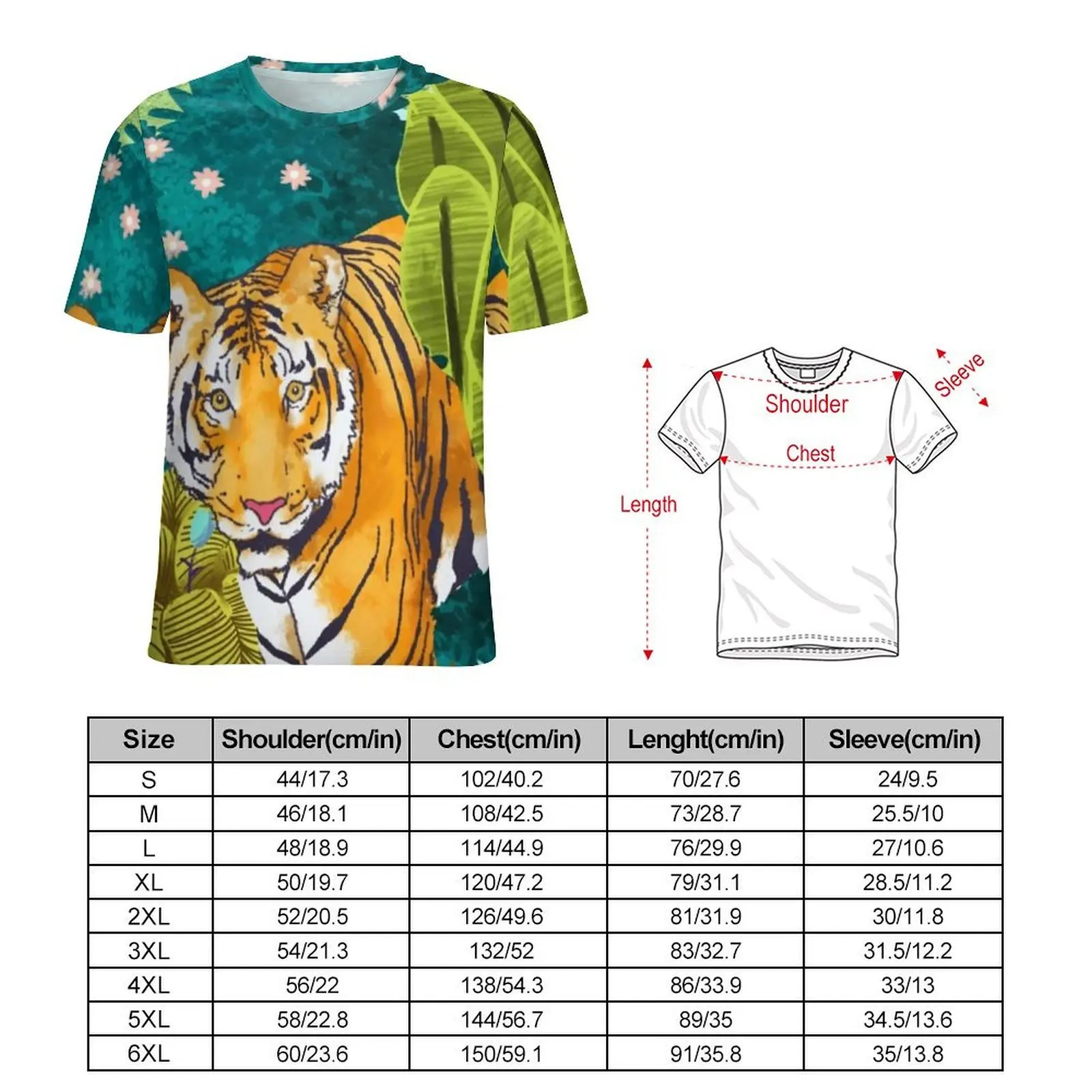 Jungle Tiger T-Shirt For Male Watercolor Wild Leaf O Neck T Shirts Summer Fashion Clothing Short Sleeve Casual Oversized Tees