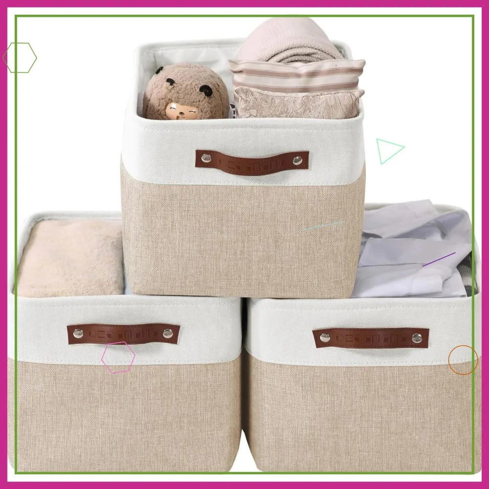 

Fabric Storage Baskets for Shelves - Linen Closet Organizers, Large Beige & White Set of 3