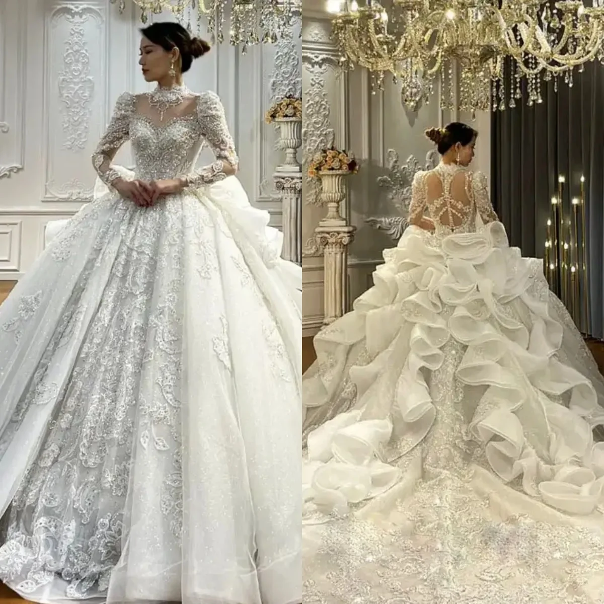 

Изысканное платье невесты с высоким воротником и длинными рукавами, расшитое блестками и бисером, свадебное платье со шлейфом, халат невесты по индивидуальному заказу, Vestido De Novia