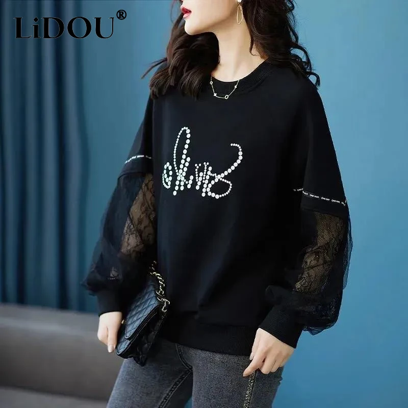 Spring Autumn New Women's Clothing Round Neck Solid Color Printing Long Sleeve Lace Patchwork Pullovers Women Casual Sweatshirts