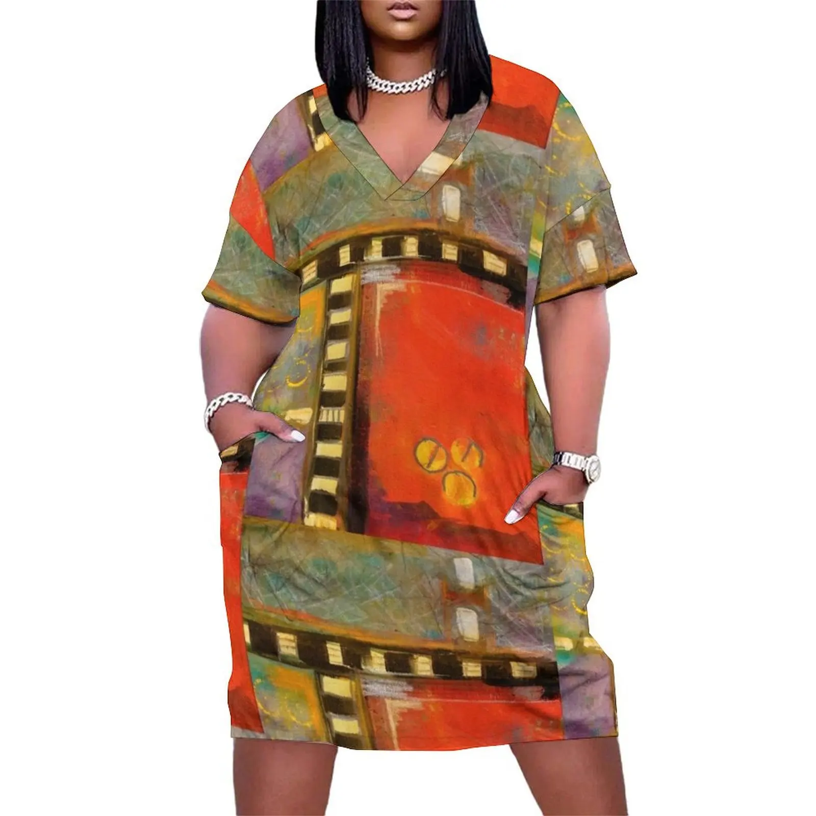 

Modern Grid Hand Painted Abstract Art Design Loose Pocket Dress summer women's suit Casual dresses dress summer 2025 women