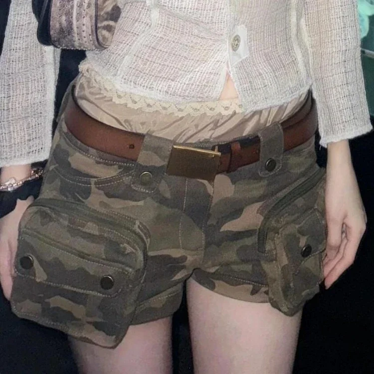 여성을위한 미국 복고풍 위장 반바지 2025 여름 새로운 슬림 맞는 청바지 Y2k 그런지 헤비 포켓 바지 Mujer