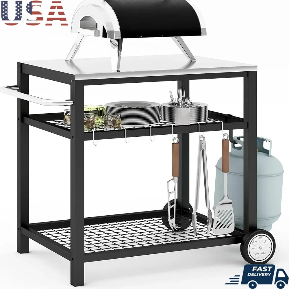 Carro de parrilla portátil de acero inoxidable, mesa de preparación de alimentos con ruedas, estación de servicio de cocina de doble estante, utilidad interior y exterior