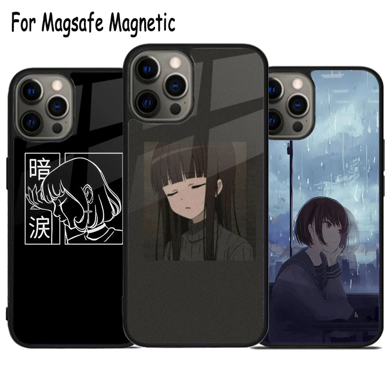 Sad Surreal Crying Anime Girl Wireless Charge Magsafe Phone Case For iPhone 15 16 14 13 11 12 Pro Max Plus Magnetic Bumper Cover