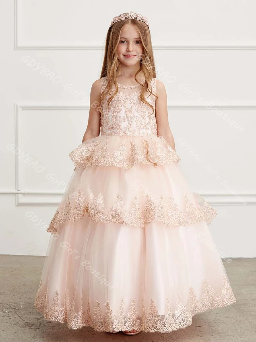 여아용 볼 가운 공주 드레스, 비즈 아플리케 티어드 튤 플라워 걸 드레스, 롱 맞춤 2-14세 어린이 성찬식/연주회 드레스
