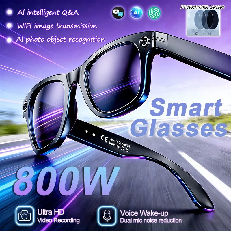 

Умные очки с ИИ, HD-камерой 800W, видеозвонками по Bluetooth, голосовым управлением ИИ, функцией Q&A, музыкальным плеером, аккумулятором 270 мАч