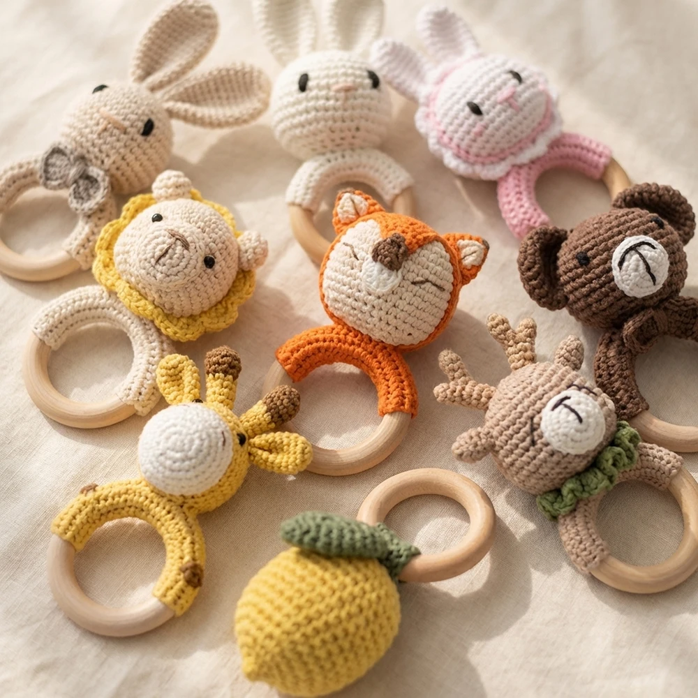 

Wooden Teether Baby Rattle Music Ring Crochet Animal Rabbit Music Rattles Soother Bracelet Toddler Toys Baby Teething Gifts