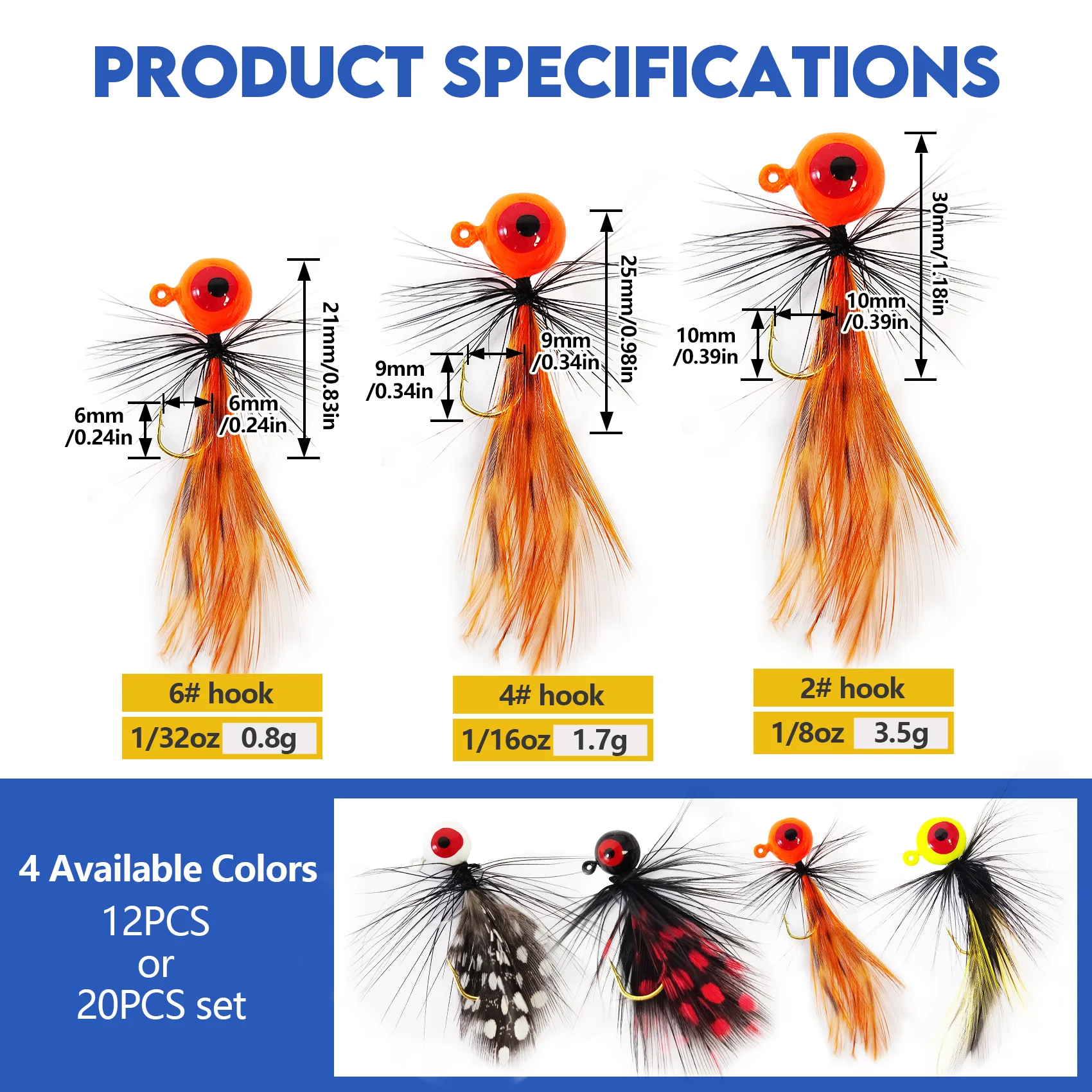 Eupheng Feather Jig Marabou Jig Metal Jig Head Hook Fishing Crappie Lure for Trout Crappie Walleye Panfish