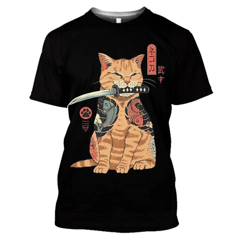 Summer new 3D Men Japanese Samurai Cat graphic t shirts Fashion Casual Personality Cool Street Style Print Short Sleeve Tees Top