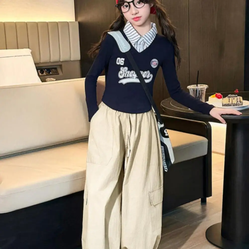 

Kawaii модная футболка для девочек, спортивный костюм, студенческий весенне-осенний повседневный топ с героями мультфильмов, брюки, юбка, комплект из 2 предметов, детская одежда