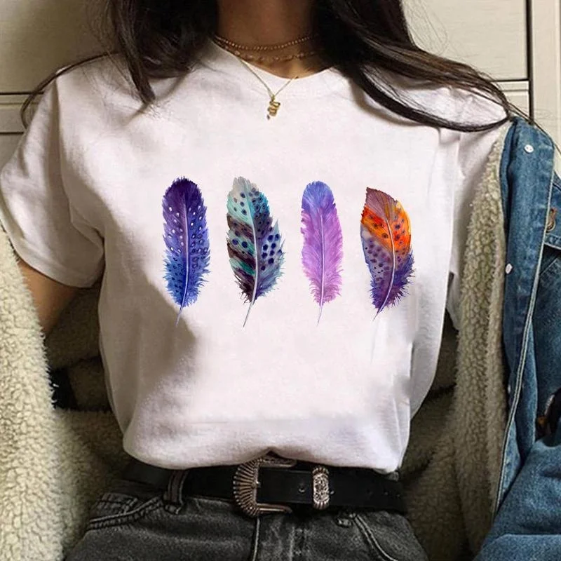 Personalized Creative Feather Cool Pattern Printed T-Shirt Women's Casual Comfortable Outdoor T-Shirt Feather Shirt Tops