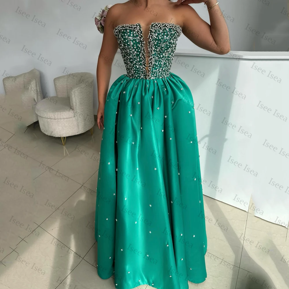 

Customized Green Evening Dress Strapless Beaded Side Split A-Line Satin Diamond Luxury Birthday Dress For Woman Floor Length