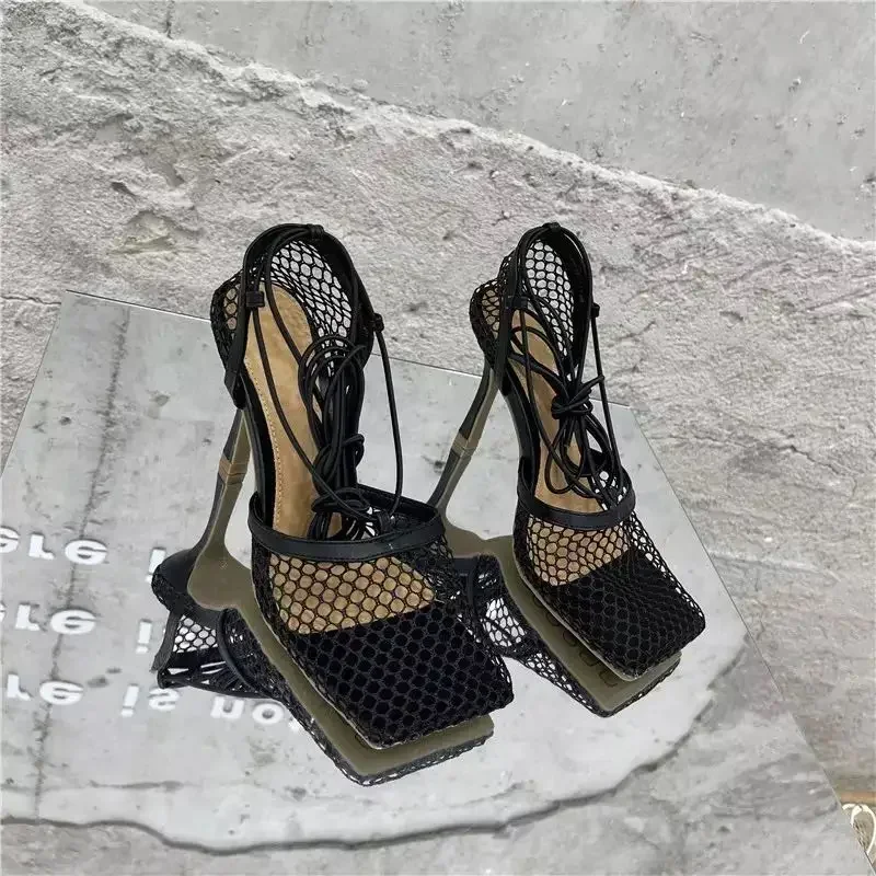 Sexy Mesh Pumps Sandals Female Square Toe High Heel Lace Up Cross-Tied Stiletto Hollow Dress Shoes Zapatos Mujer