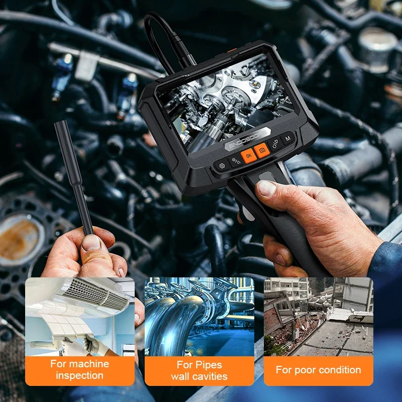 360° Auto Rotation Industrial Endoscope Camera 5inch IPS Screen 8mm Dual Lens 200W Handheld Inspection Borescope For Car Engine