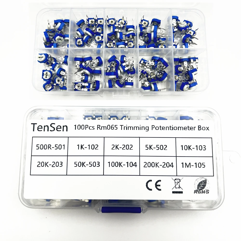 

100Pcs/Box RM065 Carbon Film Horizontal Trimpot Potentiometer Assortment Kit 10 Values Variable Resistor 500R 1K 2K 5K 10K -1M