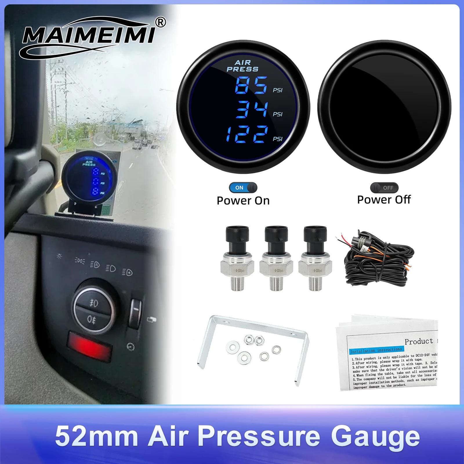 

Измеритель подвески для воздушной езды автомобиля, двойной или тройной цифровой дисплей, измеритель давления воздуха, 52 мм, 220PSI, барометр с датчиком 1/8NPT