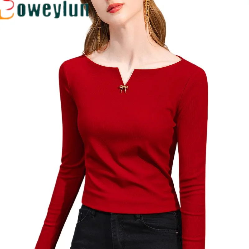 

Boweylun Fashion One-shoulder Long-sleeved T-shirt Women's Spring and Autumn Cotton Solid Color Bottoming Shirt Tops Female