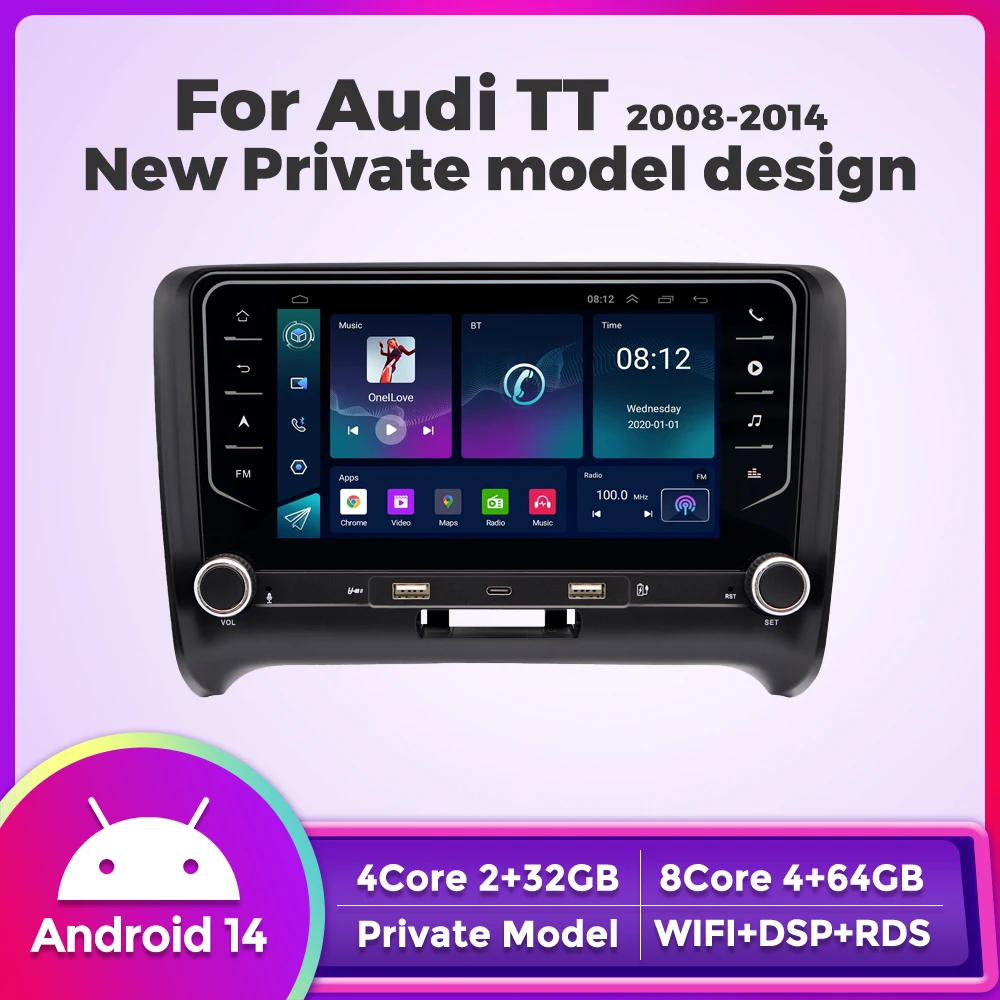 

7-дюймовый автомобильный аудиосистема для Audi TT 2008-2014 с двойной ручкой USB Wireless Carplay Android AUTO GPS-навигация Радио Стерео «все в одном»
