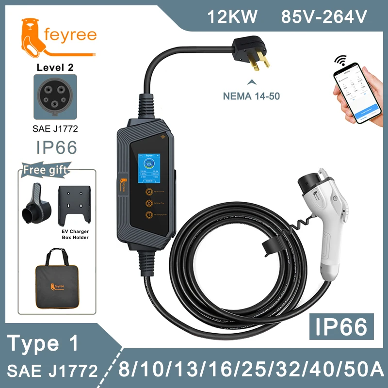 

feyree 50A 12KW Type1 Portable EV Charger 1 Phase J1772 Socket with 14-50 Plug 5m Cable Current Adjustable Charging Box Holder