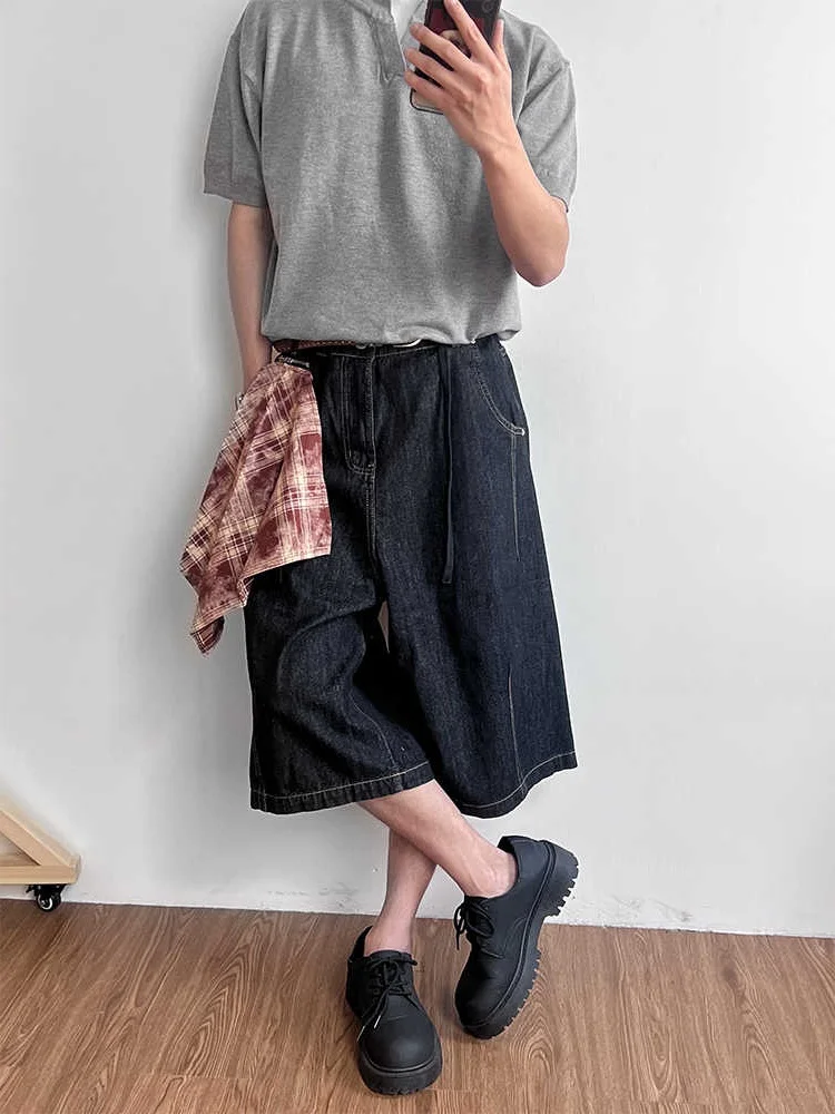 

Retro American Detachable Scarf Seven-Foot Jeans Summer Loose Straight Wide Leg Elegant Black Shorts Casual Youth Jeans