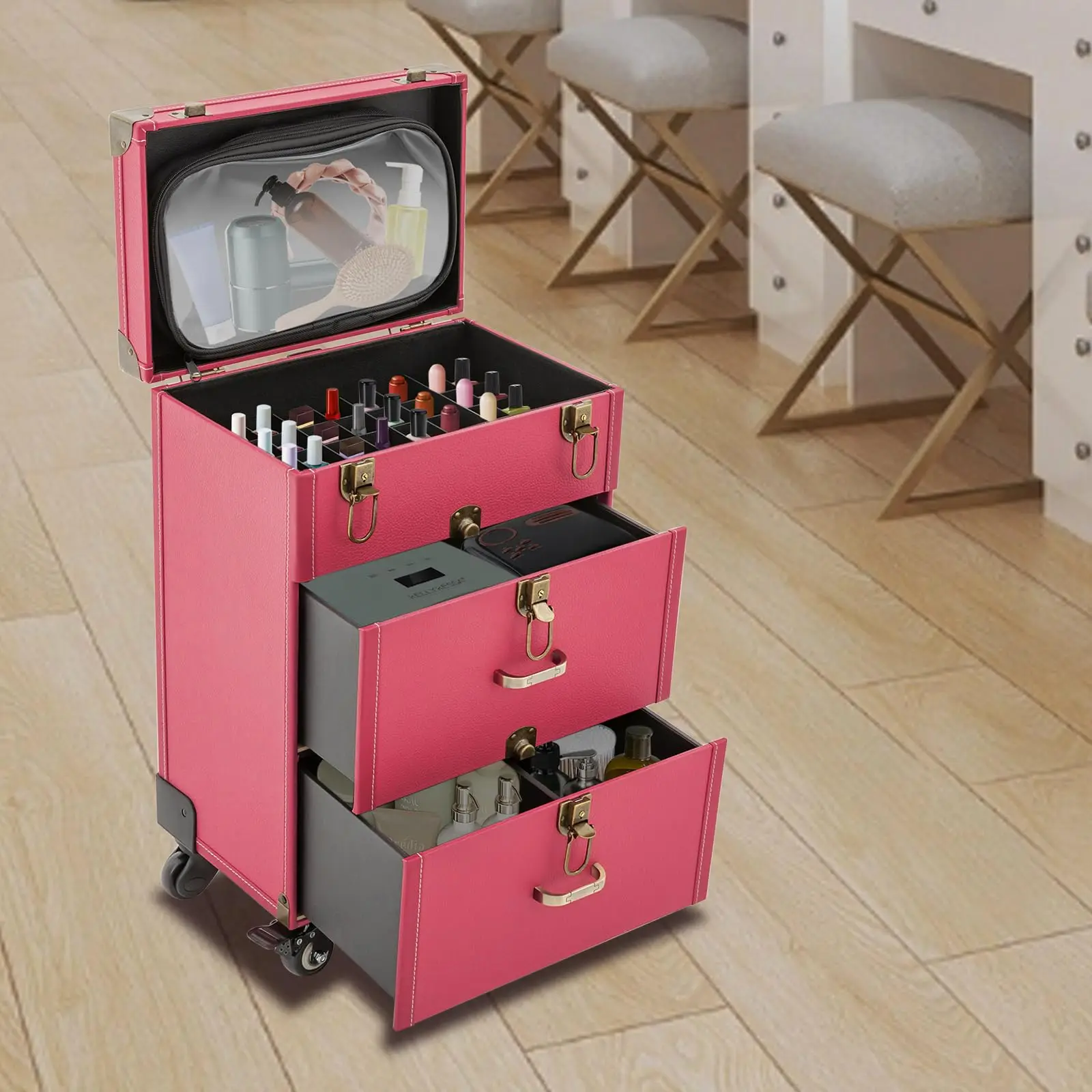 ローリングメイクアップケース - 引き出し付きポータブル化粧品トロリー、メイクアップ、マニキュア、マニキュア用の4輪付き多機能オーガナイザー