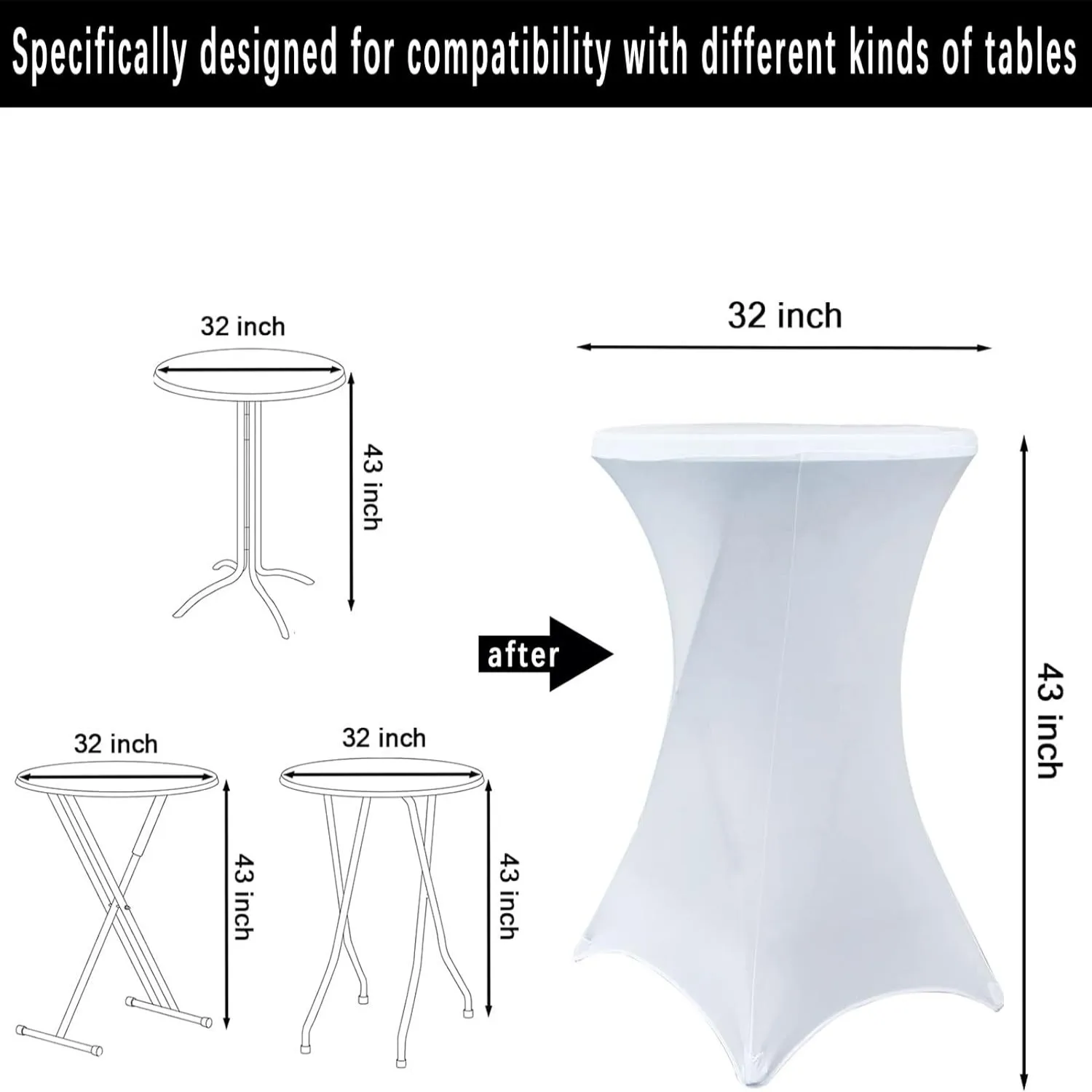 2Pcs Highboy 36x43inch 80cm Cocktail Spandex Round Table Fitted Cover Tablecloth, 4-Way Tight Stretchable Elastic for Wedding