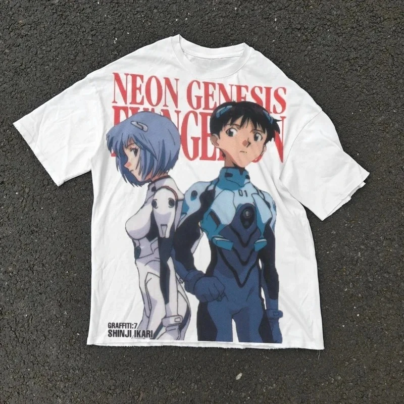 2026 Neon Genesis Evangelion Shinji Rei Back To Back Red Title Print T-Shirt Weißes Oversized Baumwoll-Freizeit-T-Shirt für Anime-Fans