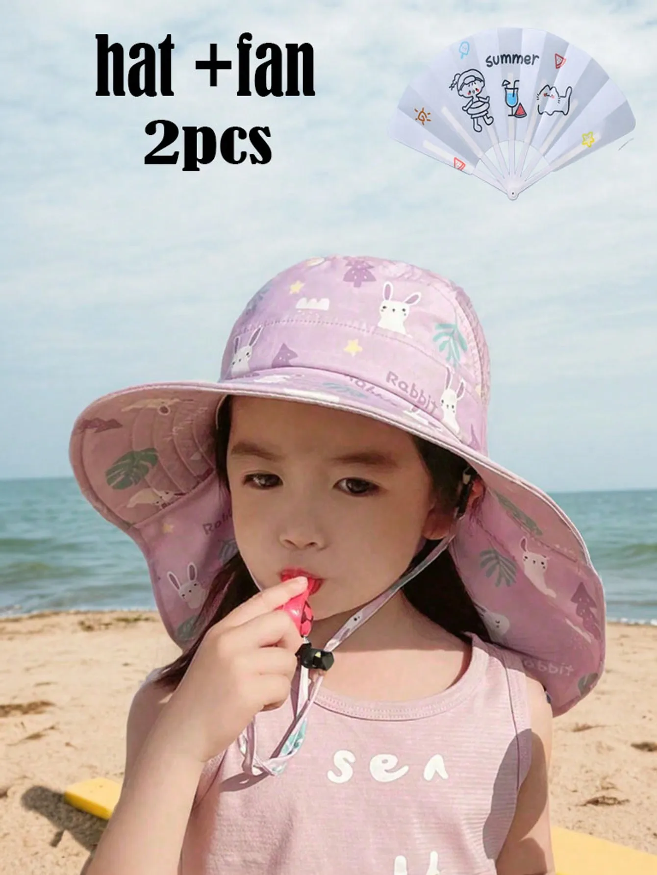 Cartoon Cape Kids Summer Sun Fisherman Hat & Fan 2Pcs Set view 4