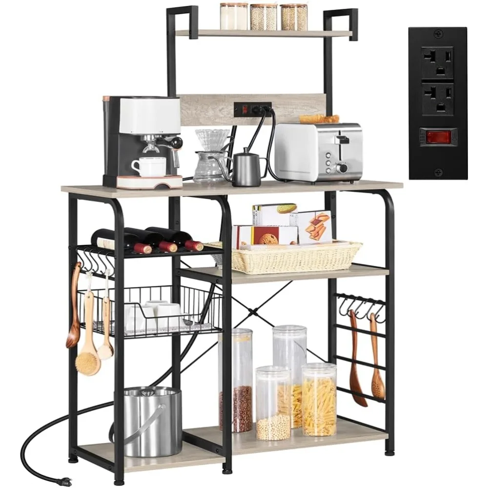 

Bakers Rack with Power Outlet, 4-Tier Microwave Stand Cart Coffee Bar with Wire Basket and Wine Storage, Gray