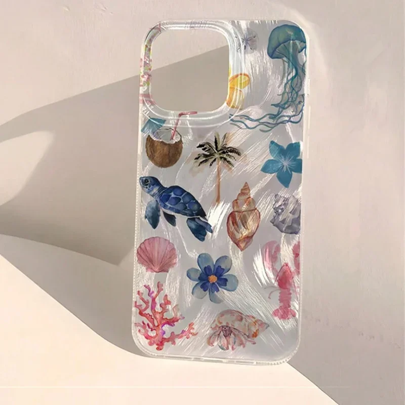 Ocean whale starfish swimming Phone Case for iPhone 16 15 14 13 12 11 Pro Max X Xs XR XSMax 8 7 6 6s Plus Feather Texture Back