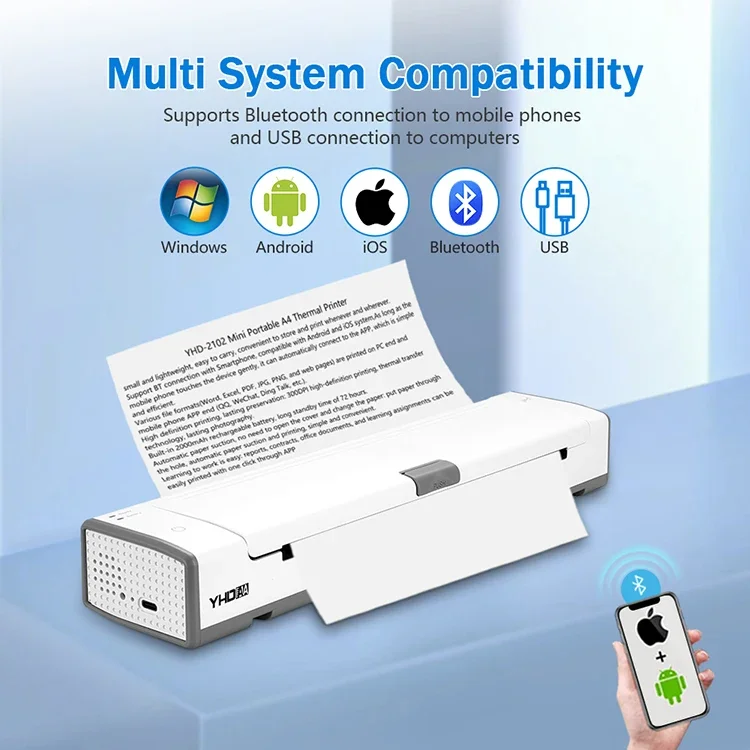 YHD Thermal Transfer Portable Printer A4 Paper Bluetooth Wireless Travel Printer Compatible with Android and iOS