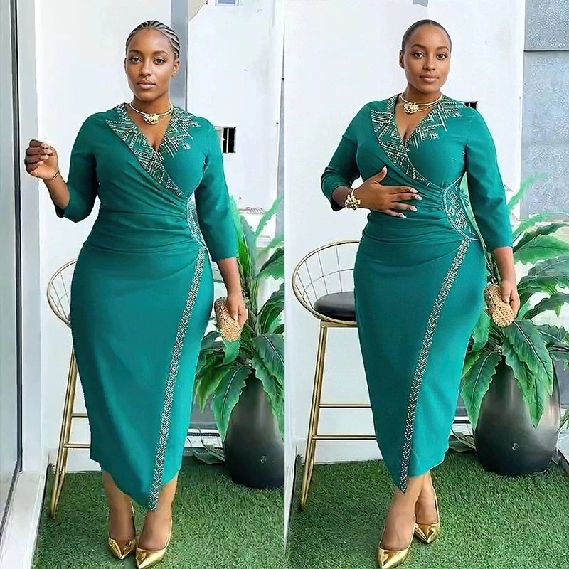 Yellow Red Green Polyester African Dresses for Women Summer African Women v-neck Short Sleeve Knee-length Dress African Clothes