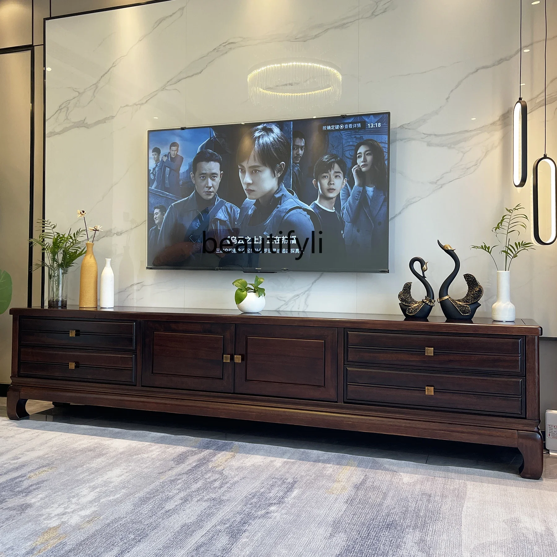 B567 New High-End New Chinese Style TV Cabinet and Coffee Table Set High-Leg Chinese Style Living Room Solid Wood Furniture