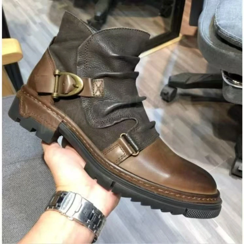 Hot Retro Men's Motorcycle Leather Boots British Style Round Head High Top Shoes Casual Platform Boots Moto Street Gear