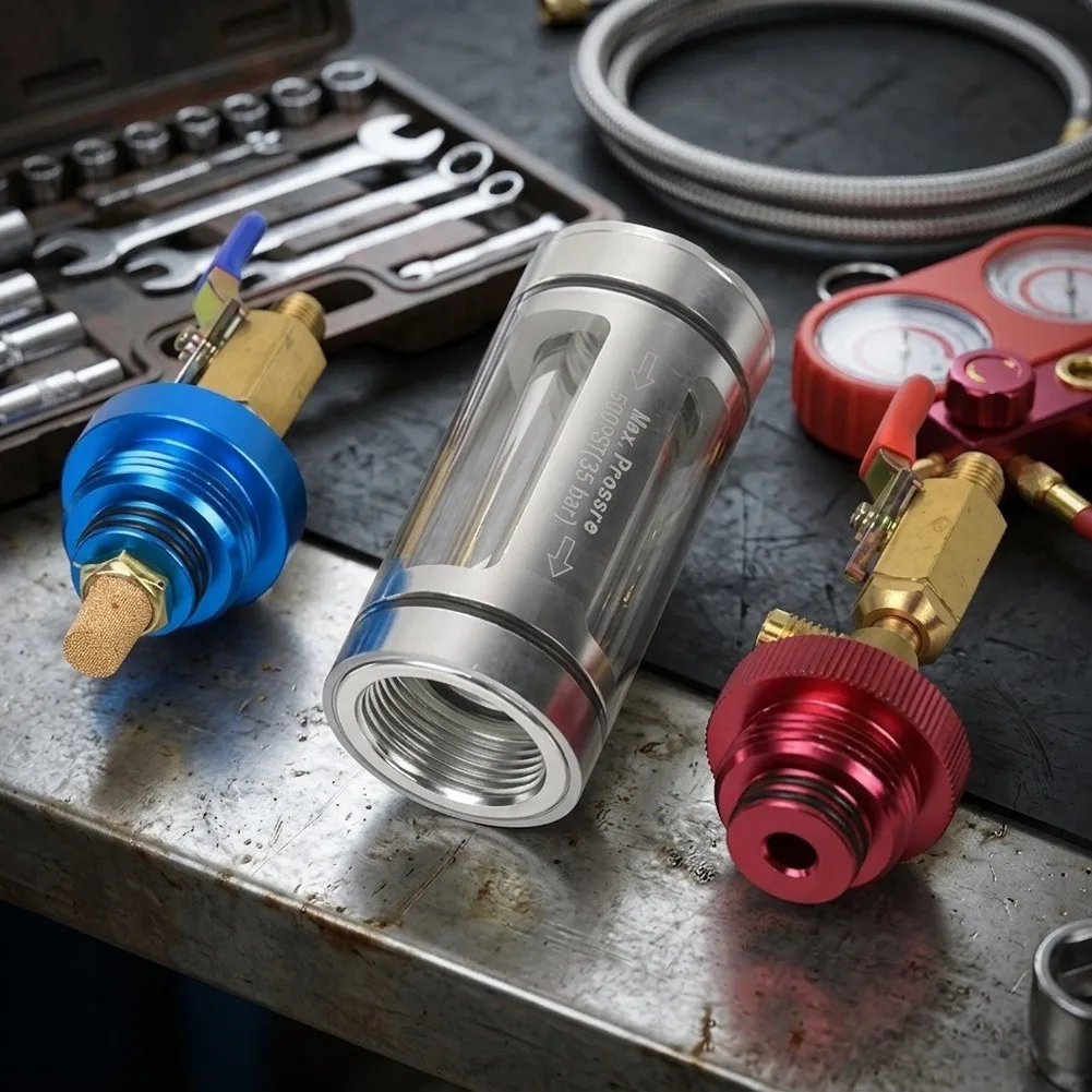 Refrigeration Oil Filtration Tool Set for Vehicle Air Conditioning Featuring Aluminum Construction and Metal Parts