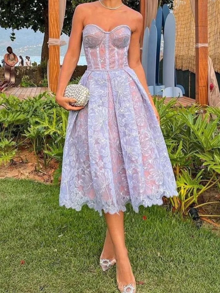 فستان سهرة نسائي موضة مثير شفاف من خلال الدانتيل والتطريز صديرية دائرية فساتين مزاجه الاجتماعي مأدبة حفلة موسيقية Vestidos 2025