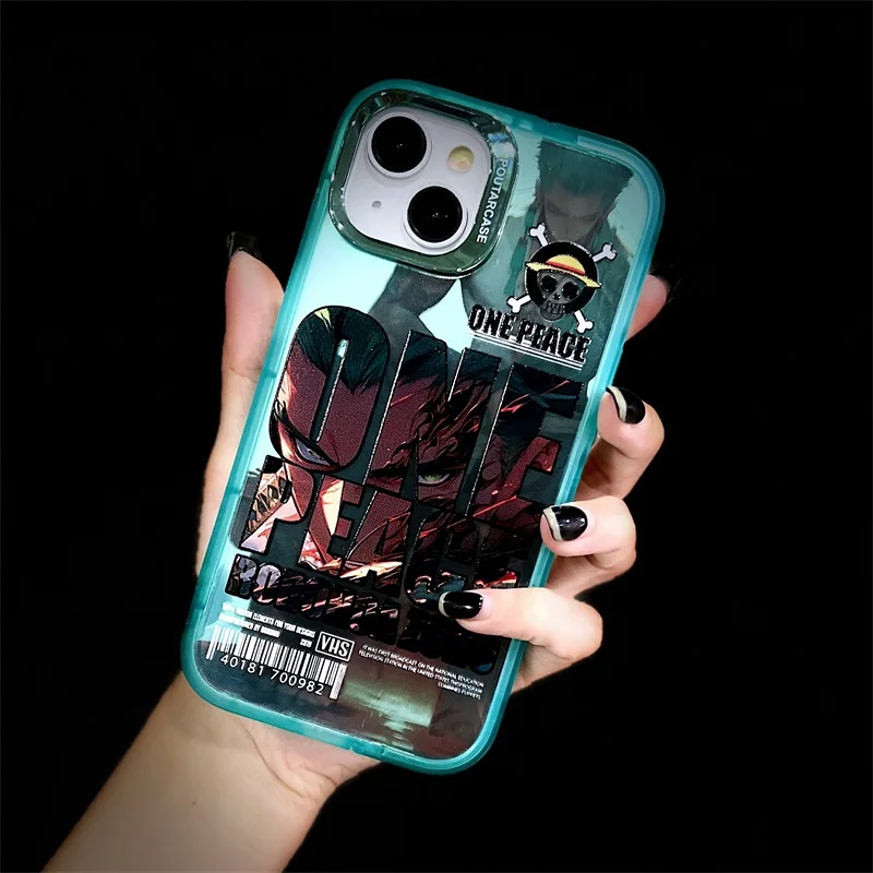 Anime O-One Piece Plating Lens Phone Case For iPhone 12 13 14 15 Pro Max Luxury Side Holder Shockproof Protective Back Cover