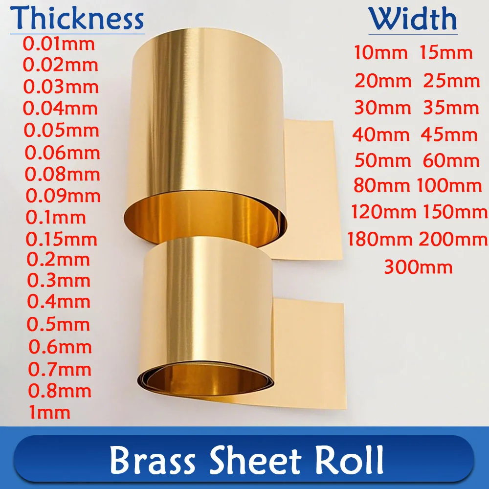 

1Meter Brass Strip Sheet Thickness 0.01/0.02/0.03-1mm Width 10mm-300 mm H62 Brass Skin Brass Metal Thin Sheet Foil Plate Roll
