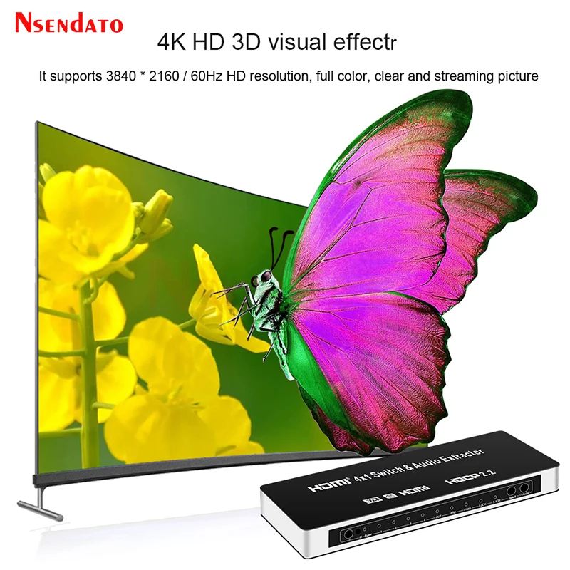 4X1 HDMI Switcher with Audio Extractor with R/L Audio Selector 4 in 1 out 4K 60Hz HDMI Switch ARC Audio Extractor with IR Remote