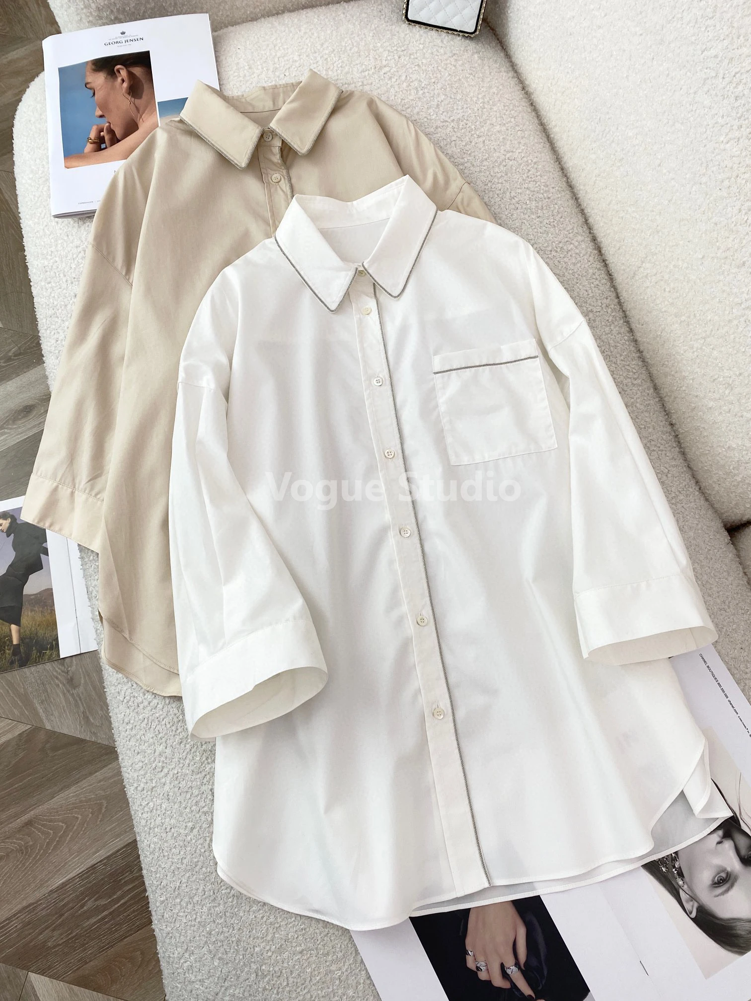 

Luxurious casual high quality beads trimmed cotton loose long shirt
