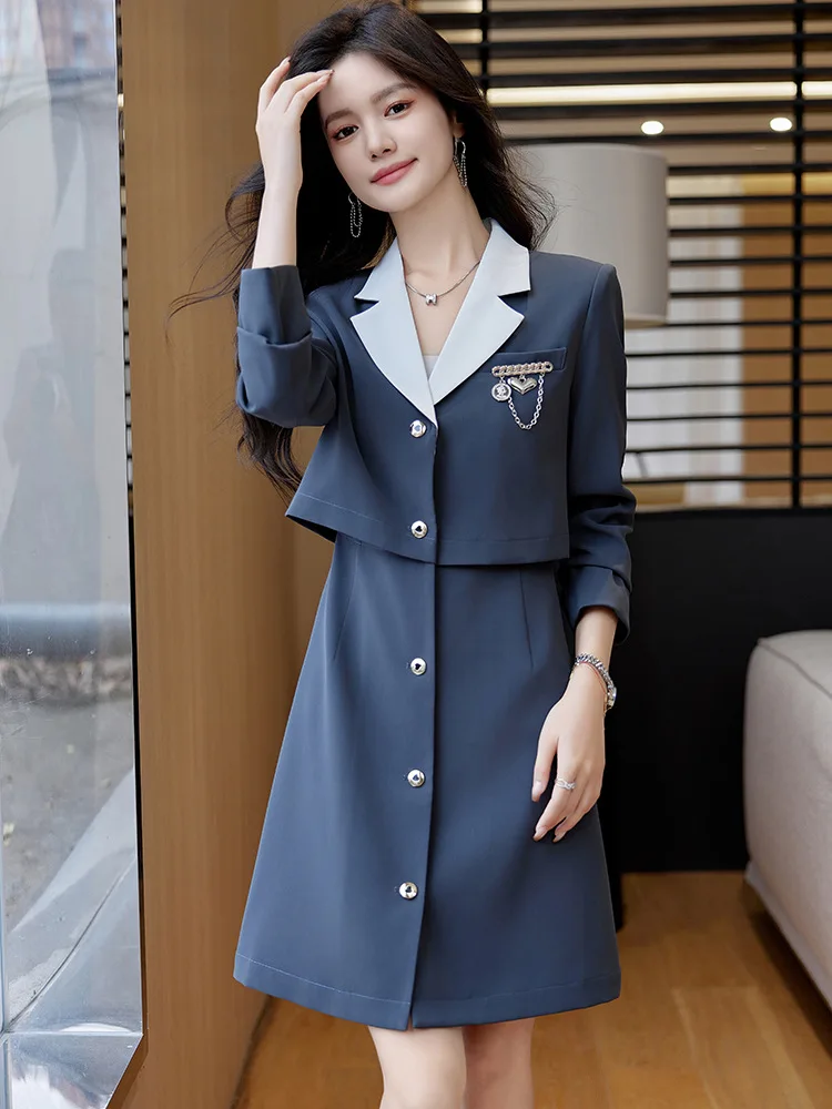 2024College Style Fake Two Pieces Dress women's New Spring High-Grade Small Waist Slimming French Style Dress